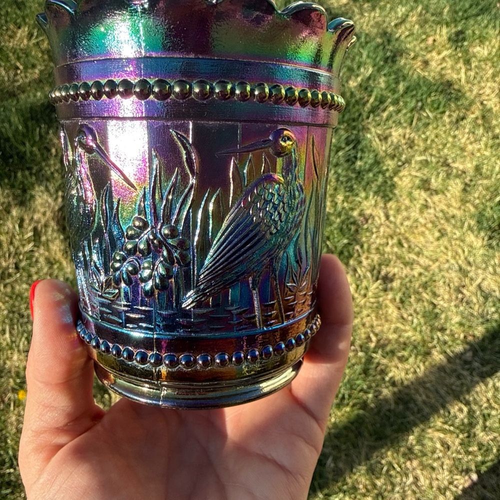 Westmoreland Carnival Glass Bird Tumbler Purple Iridescent with Heron Motif